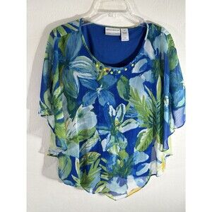 Alfred Dunner Women Petite P12 Blue Green Yellow Lined Bohemian Batwing Blouse